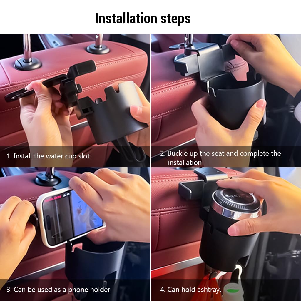 STHIRA Cup Holder for Car Headrest Posts with Dual Hooks and Phone Holder | 3 in 1 Backseat Organizer