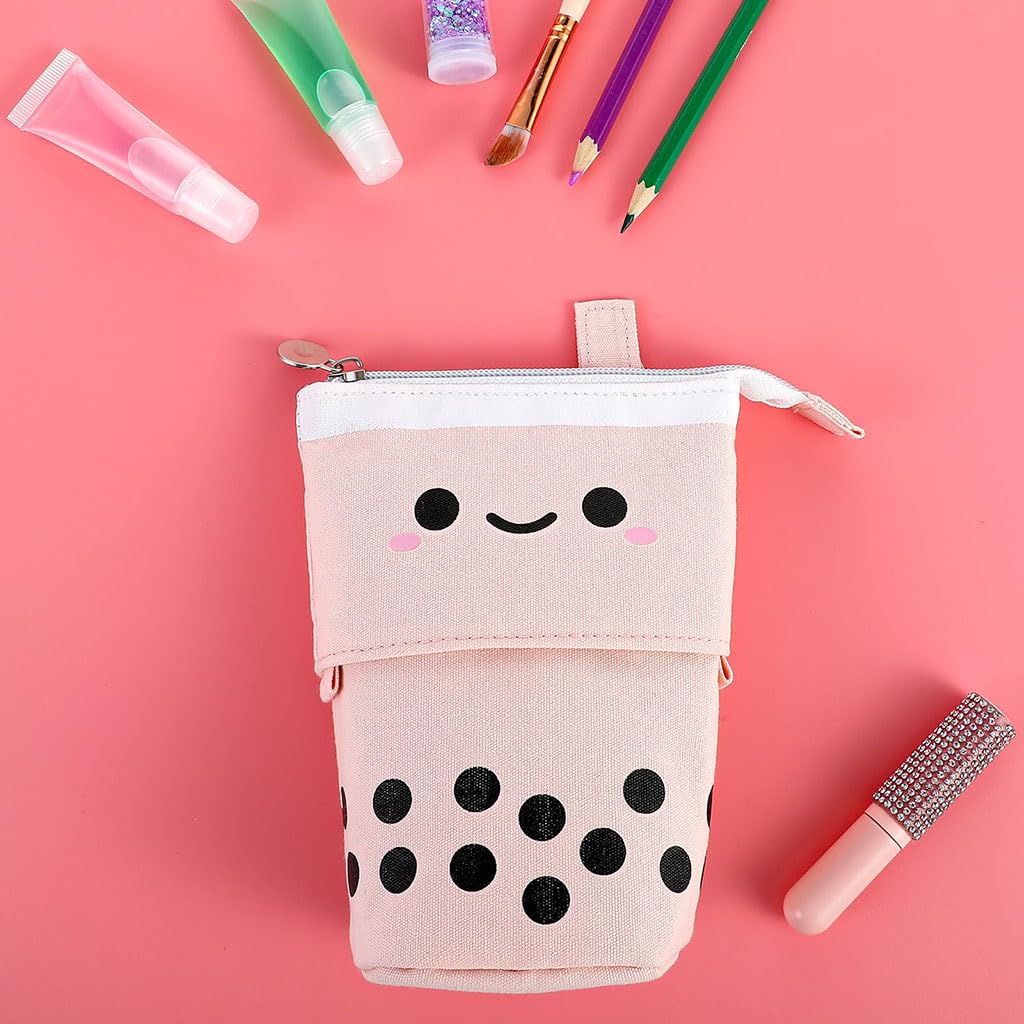 Zibuyu Telescopic Standing Pencil Case for School and Office featuring Dual Handles and Canvas Design | Cute Pink Boba Tea Holder for Pens and Makeup