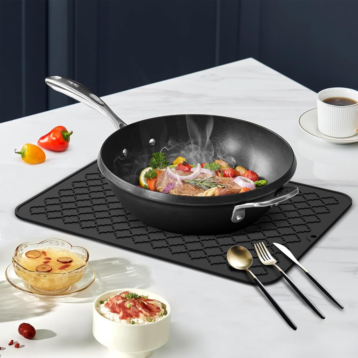 Supvox Kitchen Silicone Drying Mat for Countertop 16x24 in featuring Diamond Drain Pattern | Heat Resistant Non Slip Design