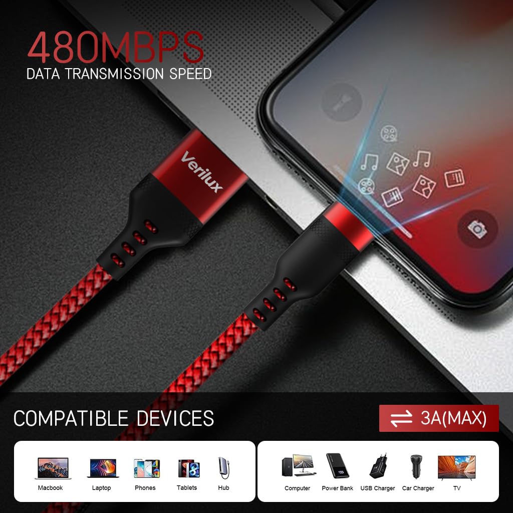 Verilux Type C Charging Cable for iPhone 15 with 16.4ft Extra Long Nylon Design | 2PCS