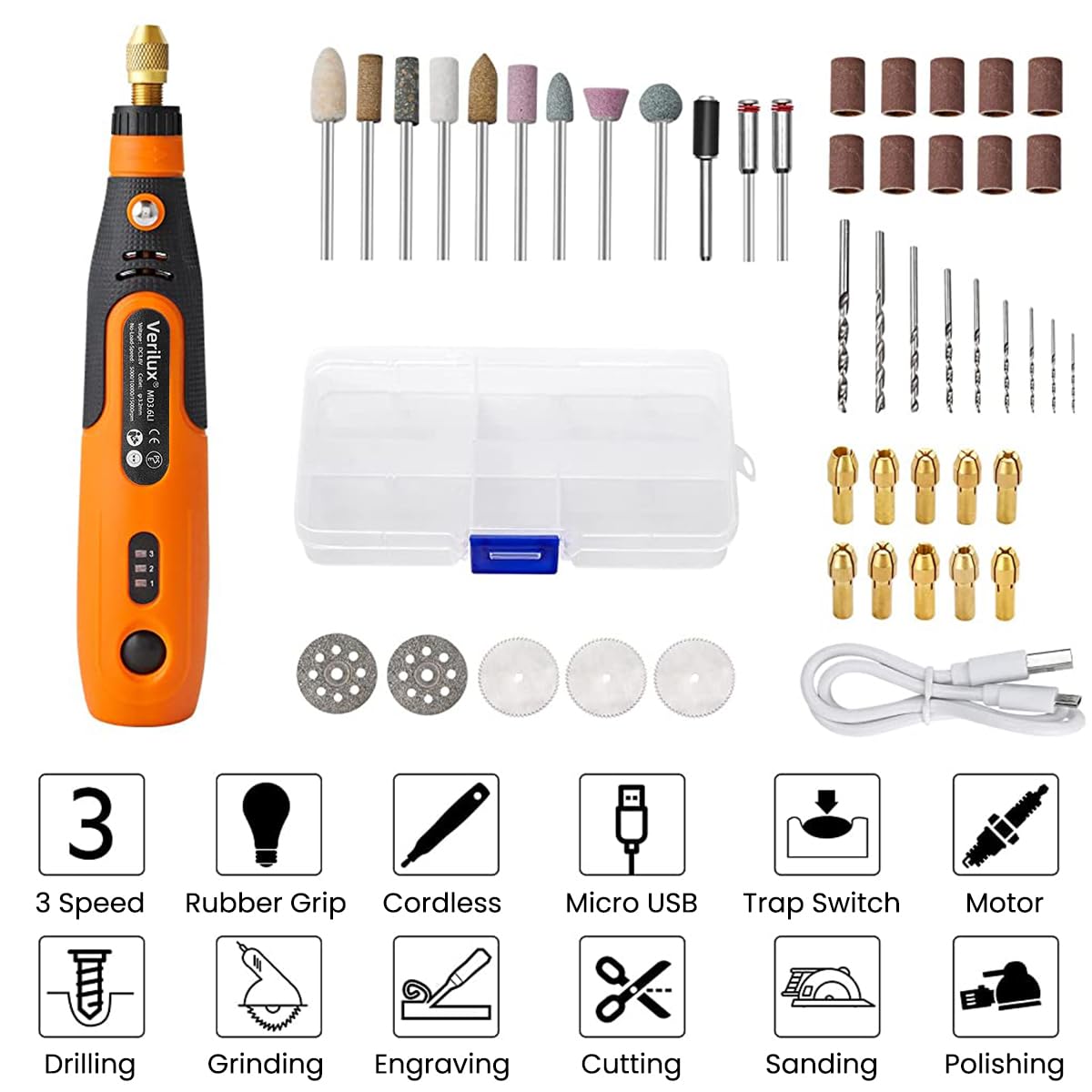 Verilux  45pcs Mini Cordless Drill Machine, 900Ah USB Rechargeable 3 Speed Small Drill Machine for Craft, Drill Machines for Eng (Orange)