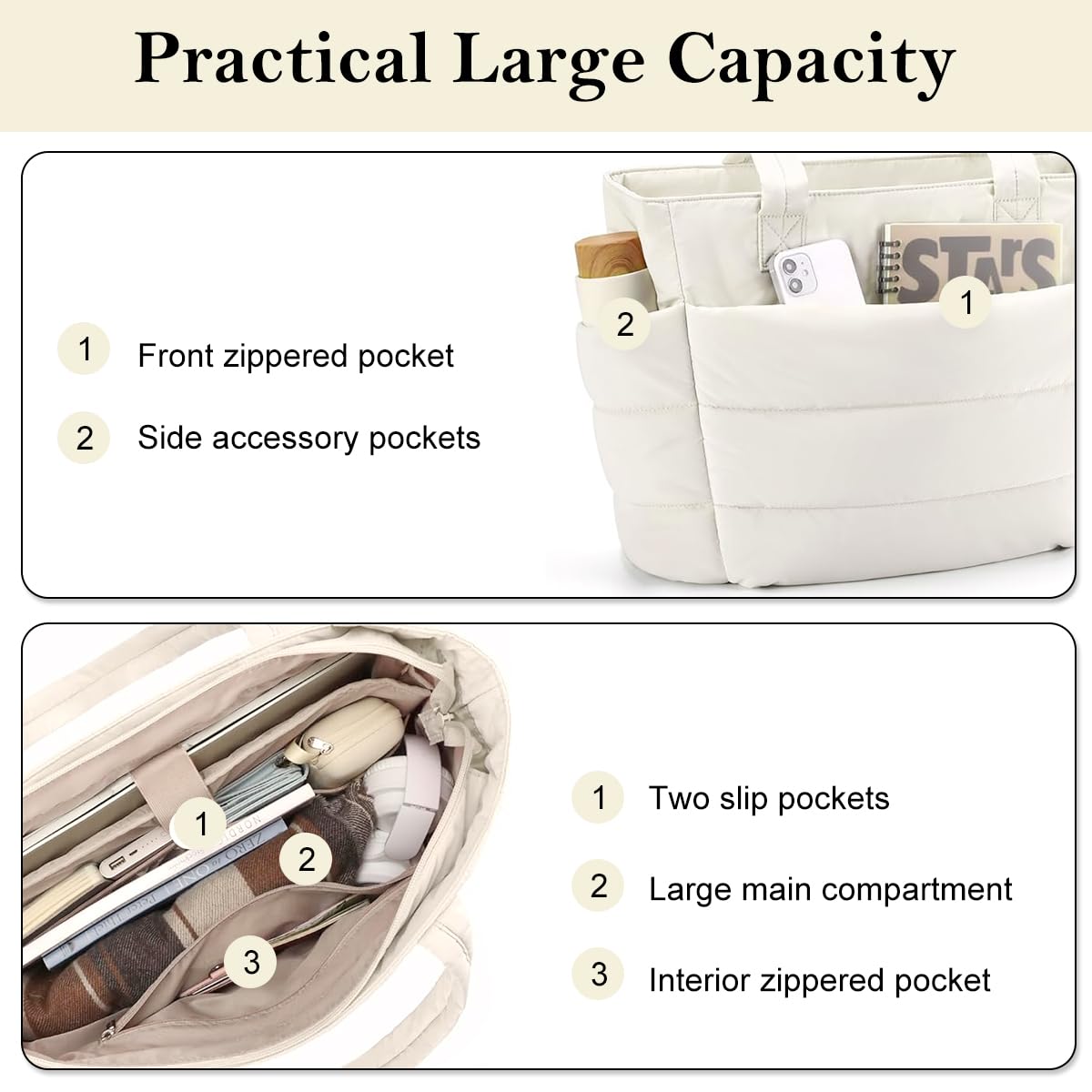 PALAY Fashion Tote Bag for Women Soft Handbag Lighweight Puffy Tote Bag Travel Hand Bag 15.6 inches Laptop Hand Bag Quilted Shoulder Bag Handbag, 13.8X 6.3x19.3 inches