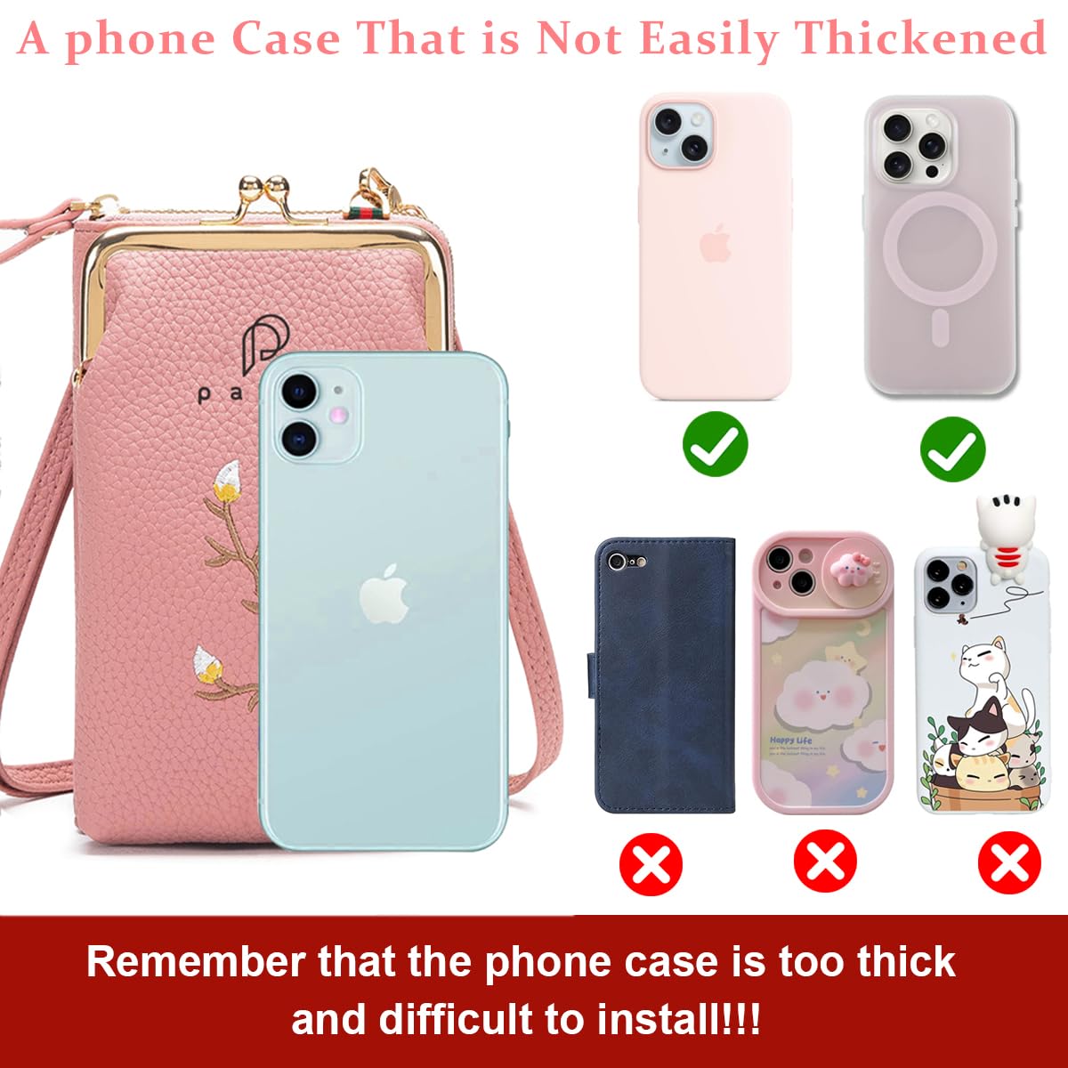 PALAY Womens Small Crossbody Phone Bag for Travel with 7 in Height & Smooth Zipper | Pink PU Leather Wallet Purse