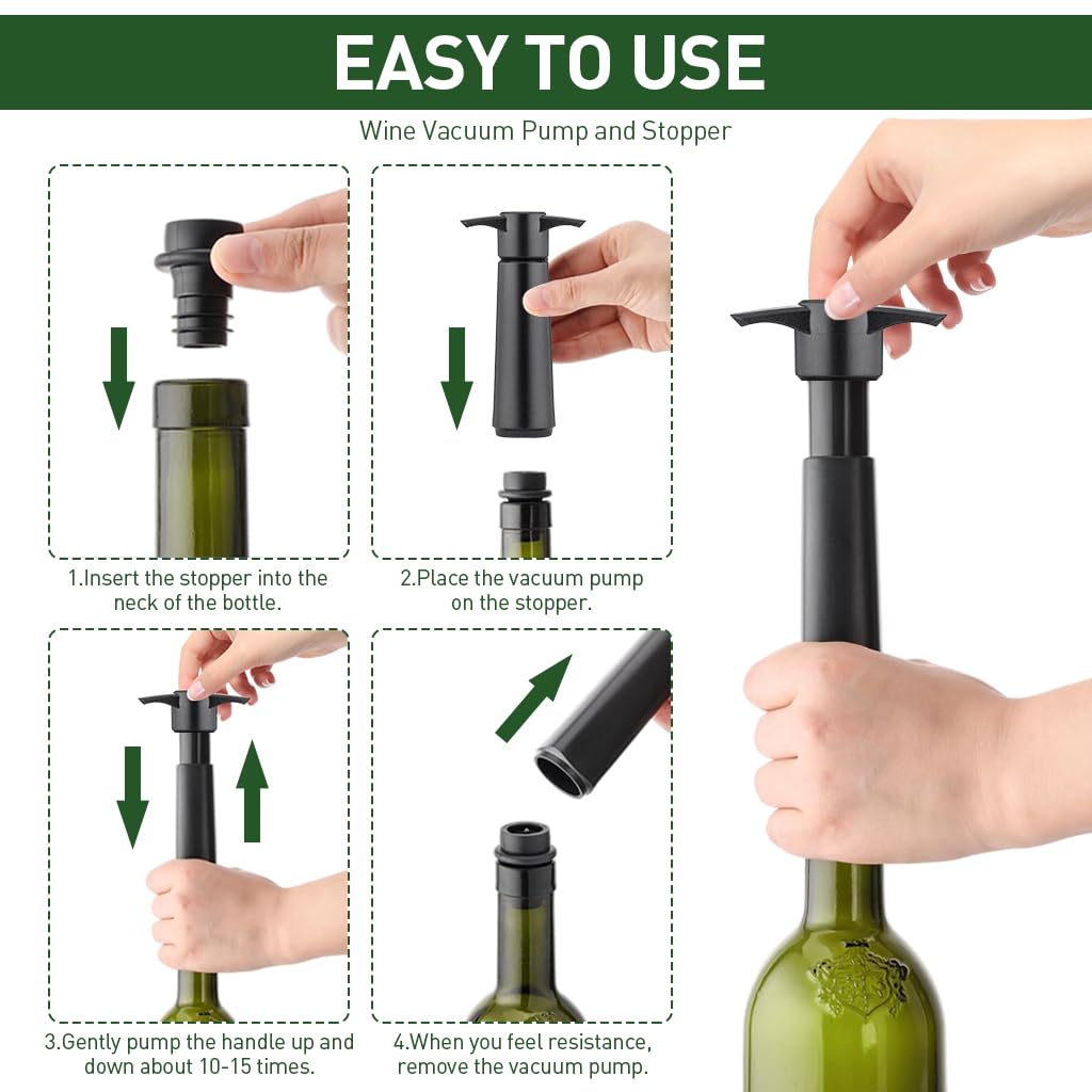 HASTHIP Wine Vacuum Pump with 4 Silica Gel Stoppers for Universal Bottle Sealing | Black