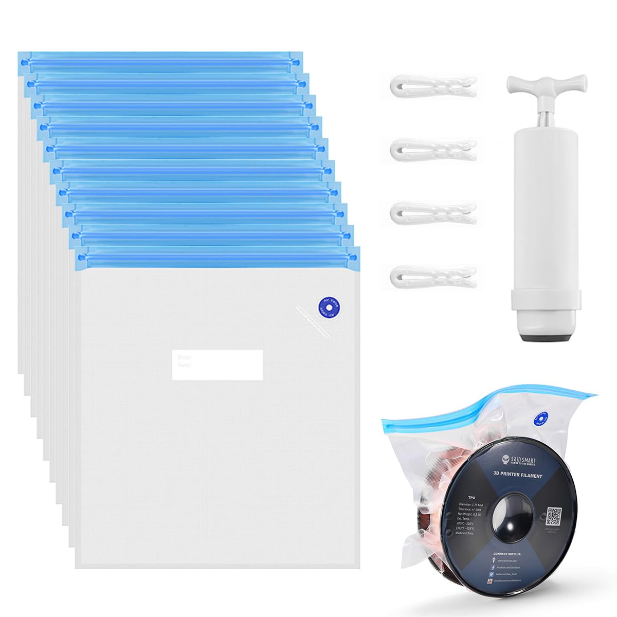 Serplex 3D Printer Filament Storage Bags with Air Pump and Seal Clips 30x34cm | Anti‑Moisture PP Reusable Vacuum Set