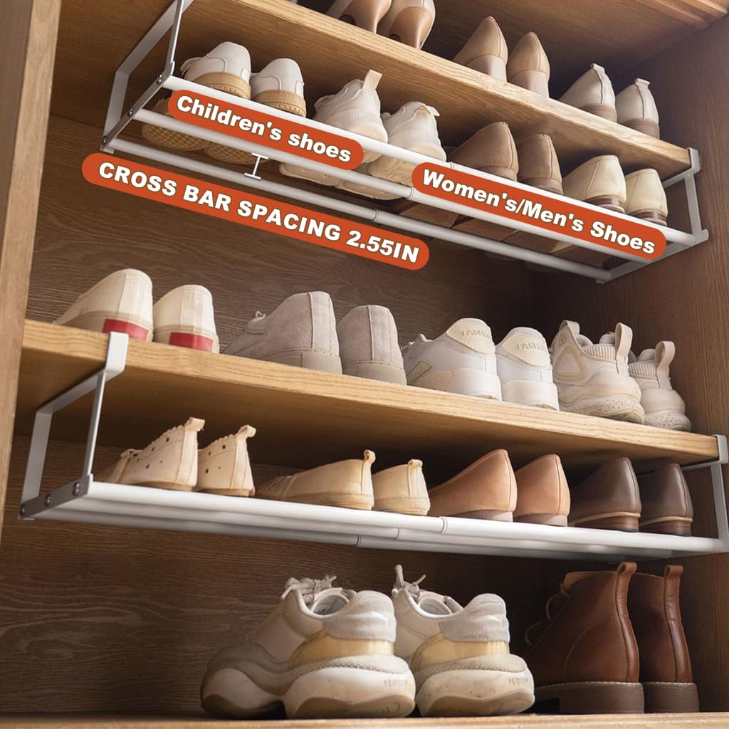Adjustable Shoe Rack for Cabinet with 15.7–23.6 in Expandable Shelf Divider in White | Tool-Free Space Organizer