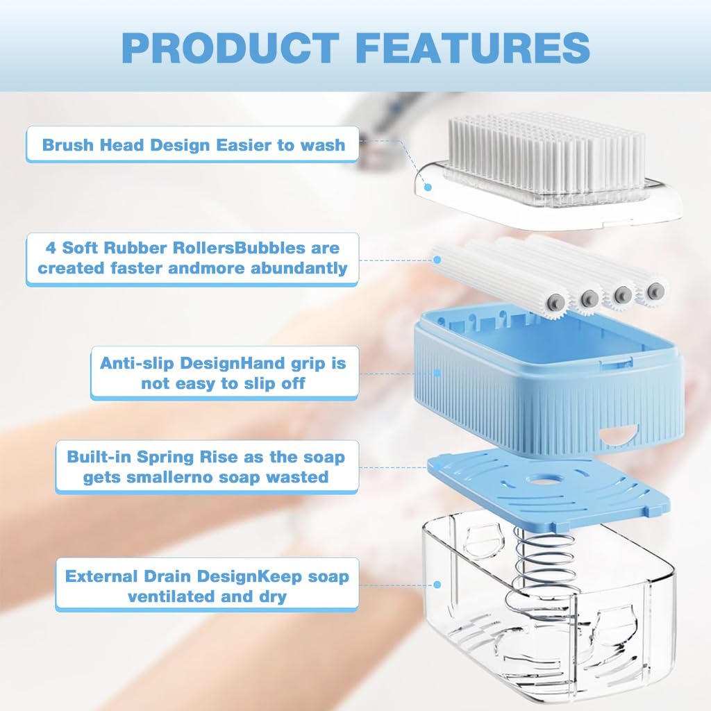 HASTHIP Soap Storage Box with Built In Foaming Roller and Brush for Easy Cleaning | Soap Saver Drainage Case with Lid