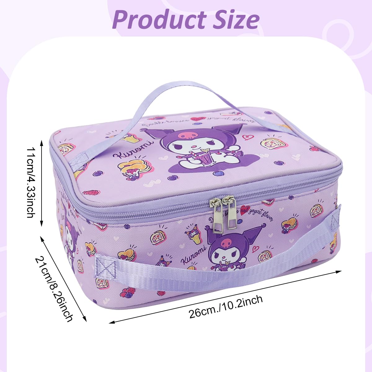 HASTHIP Cotton Kuromi Insulated Bento Box Lunch Bag 11.4x8.3x3.9 in with Dual Handles for Work and School | Waterproof Purple Bag for Kids and Adults