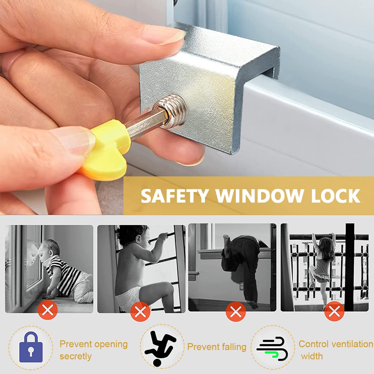 SNOWIE SOFT  8pcs Sliding Window Locks, Security Window Lock Aluminum with Key, Window Stoppers for Slide Door, Adjustable Security Locks, for Kids Room Hung Security Lock Stoppers