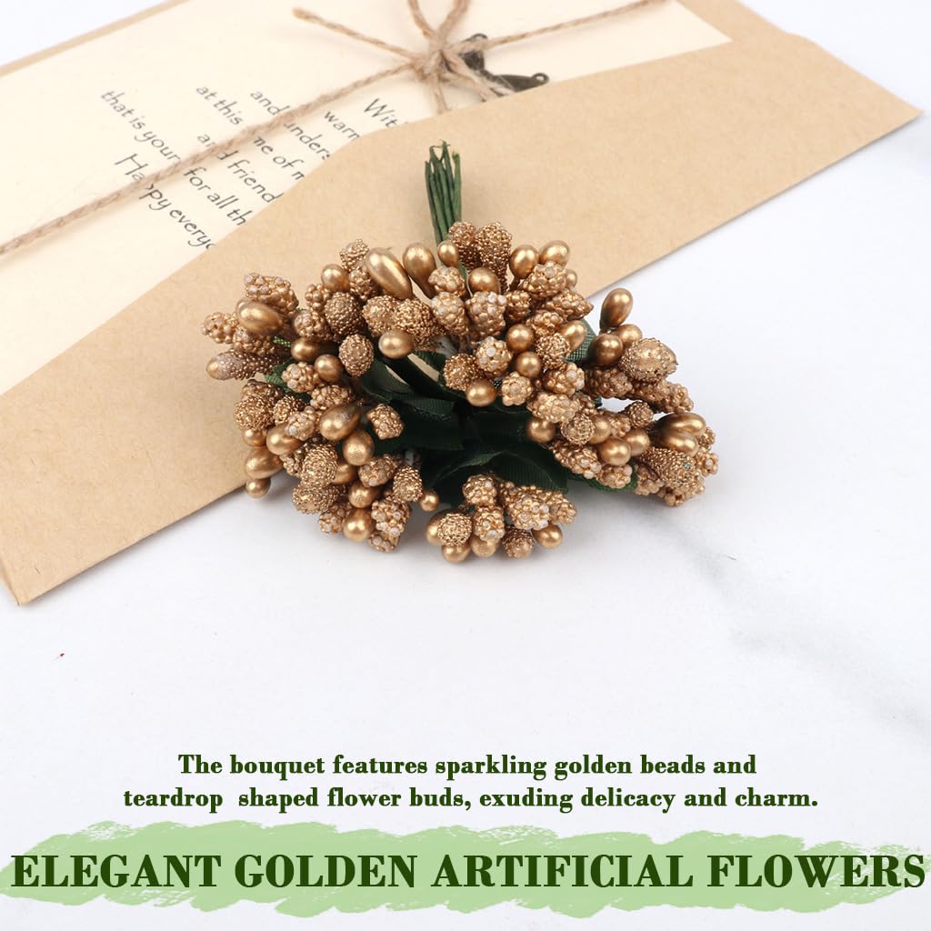 HASTHIP Artificial Flower Bunch for Weddings and Home Decor with 12 Branches & 80mm Length | Featuring Gold Beads and Green Mesh Design