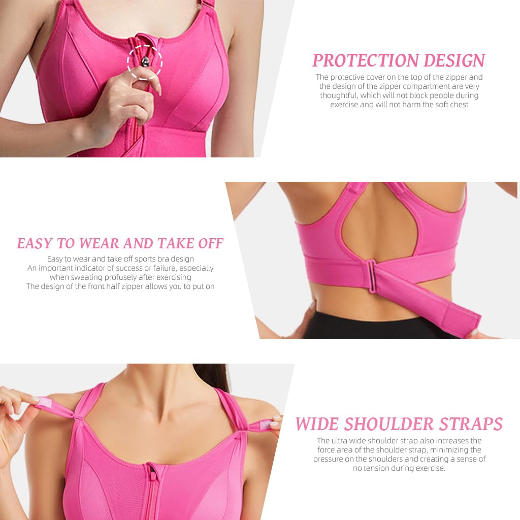 PALAY Sports Bra for Women with Front Zip Racerback Support and Pink Polyester Fabric