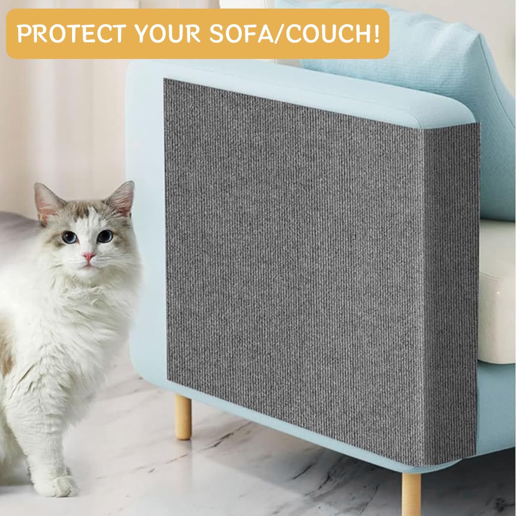 Qpets® Cat Scratcher Mat, Cuttable Self Adhesive Cat Scratcher Mat Furniture Protector Mat Wear-resistant Polyester Plush Cat Scratcher Mat for Floor, Wall, Couch - 11.8x39 inches