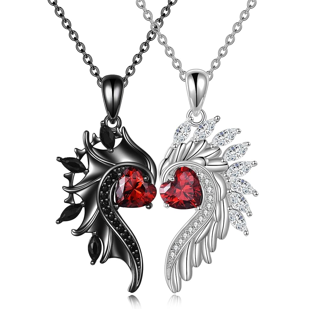 SANNIDHI Couple Necklace Angel and Devil's Wing Necklace Rhinestone Heart Symbol of Love Pendant Necklace for Couples Women Men Valentine's Day Anniversay Gift