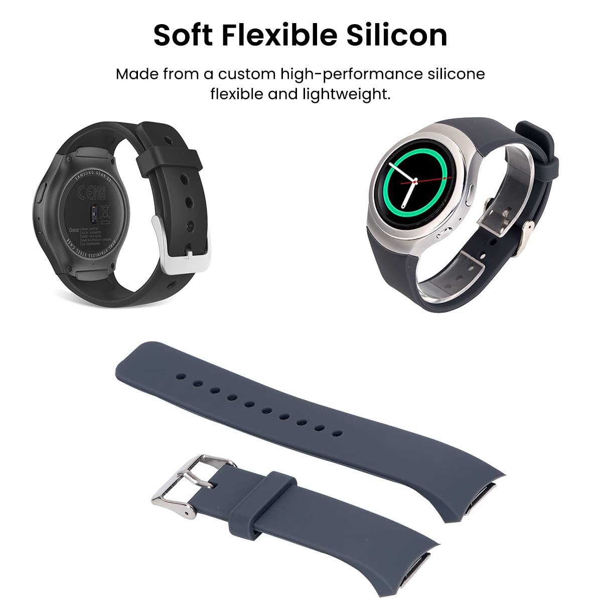 ZIBUYU Replacement Wristbands Smart Watch Straps Compatible with Samsung Gear S2 R720/R730 Belt for Men Women, Soft Sport Silicone Armband Wristband Watchband Strap for Samsung Gear S2 Smartwatch Band