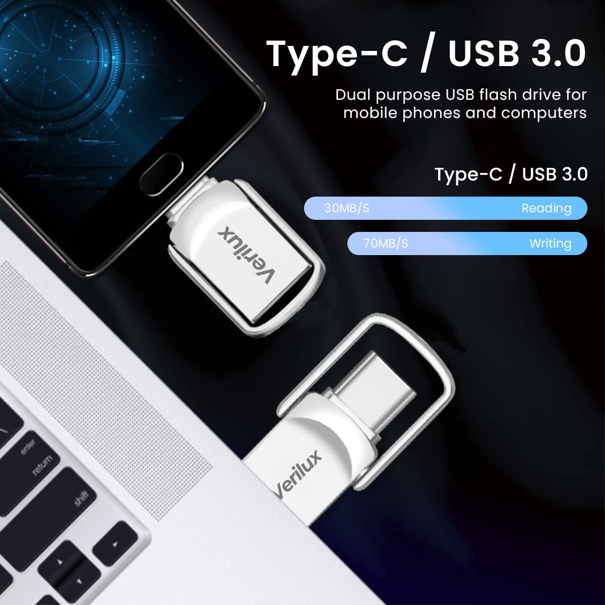 Verilux® Pendrive 64GB Mini Flash Drive 2 in 1 with USB A 3.0, USB C, OTG Pendrive Type C Pendrive Fast Reading Speed USB 3.0 Pendrive for MacBook Air/Pro, Android Phone, Tablet, Laptop, PC - Silver