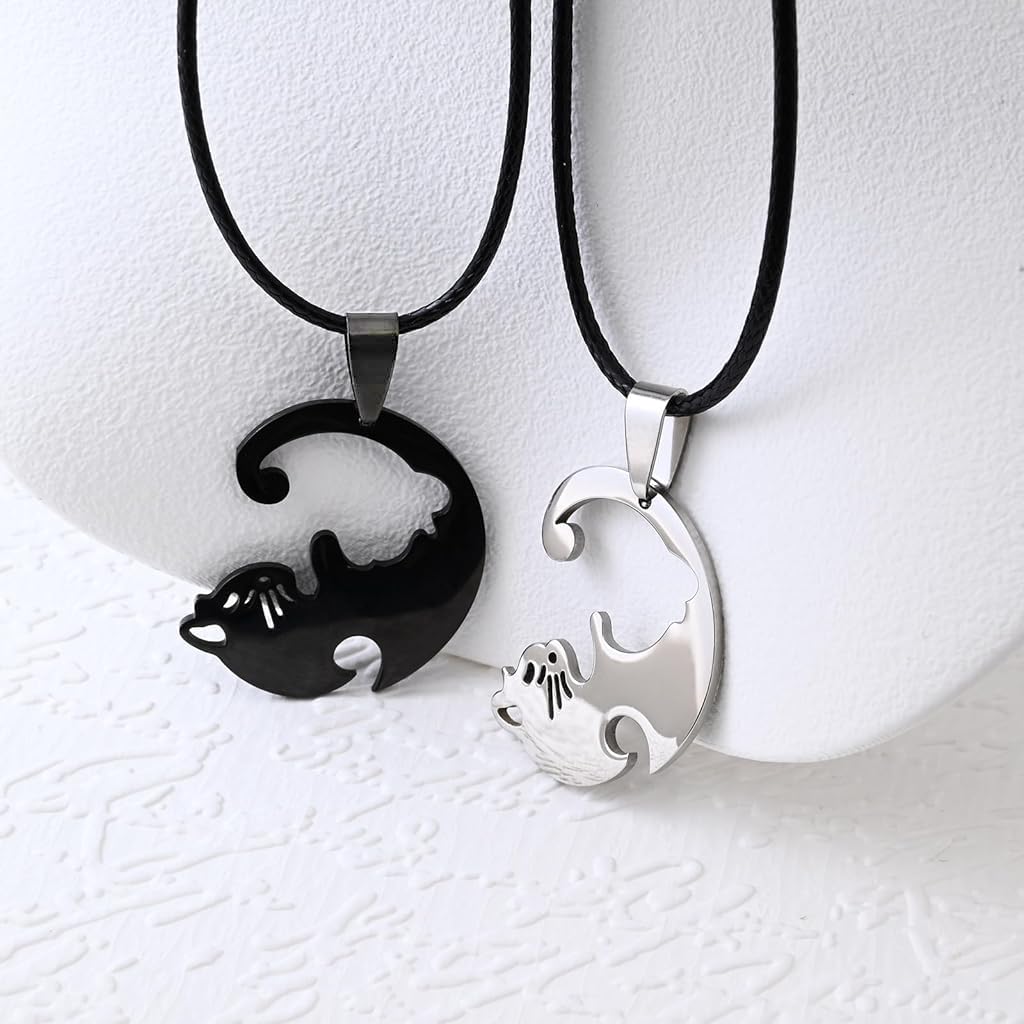 Zibuyu Friendship Necklace for Couples featuring Black and White Cat Pendants | Stainless Steel Gift