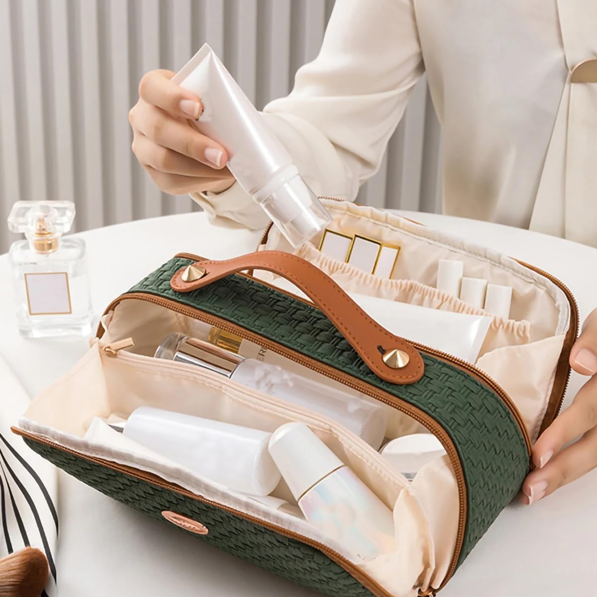 ZIBUYU® Makeup Organizer Bag Waterproof Women Travel Organizer Pouch Large Capacity Leather Cosmetic Toiletry Bag with Wide Opening, Multiple Dividers with Handle Zip Wash Bag-1PC