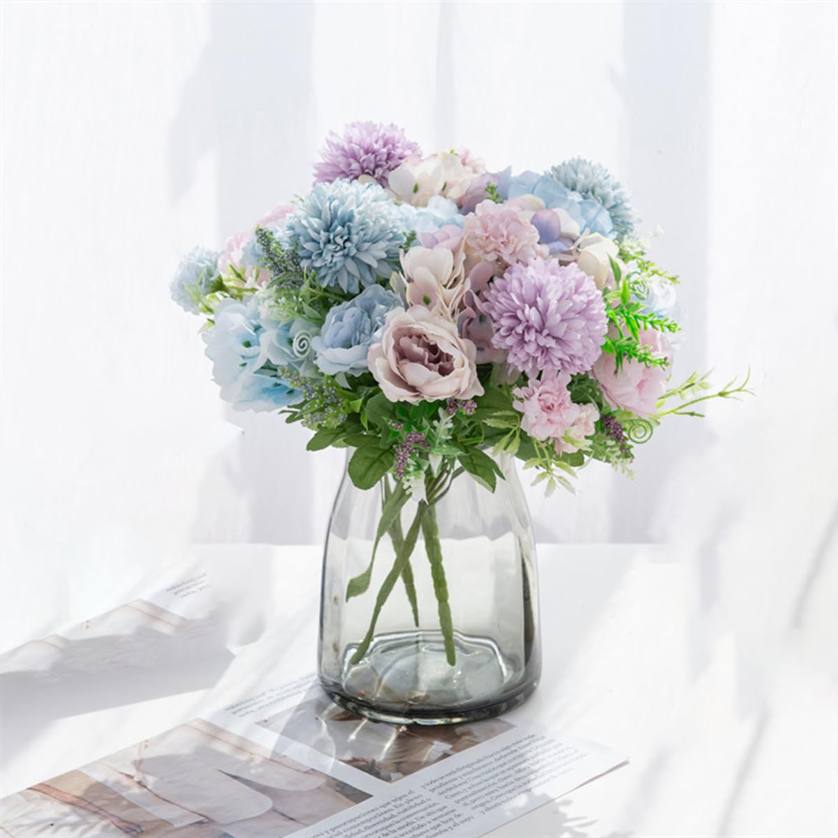 HASTHIP® 2 Bundles Flowers Silk Hydrangea Artificial Flowers Realistic Hydrangea Flowers Bouquet for Wedding Party Office Home Decor