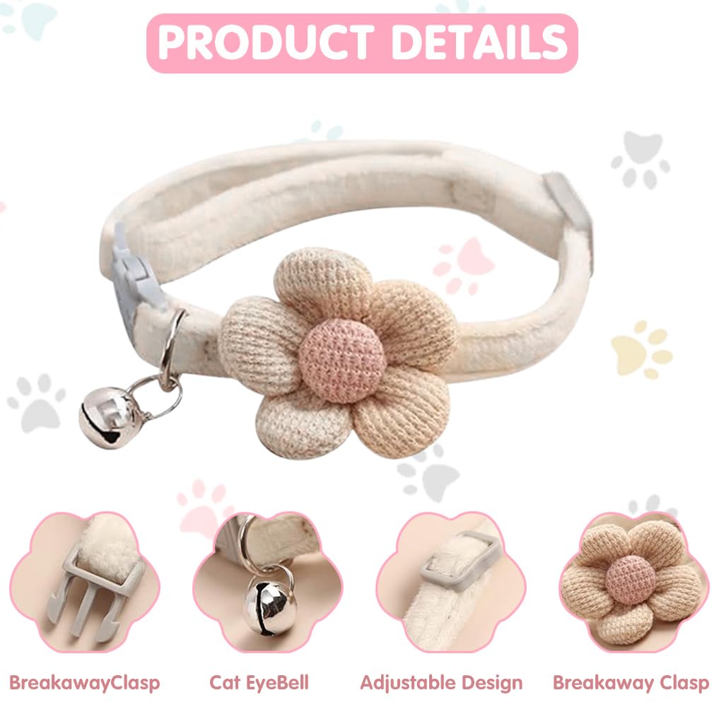 Qpets® Cat Collar, Pet Collar Cute Flower Cat Collar with Bell, Lovely Cat Collar Quick Release Adjustable Cat Collar Soft Plush Collar Cat Gift, Beige