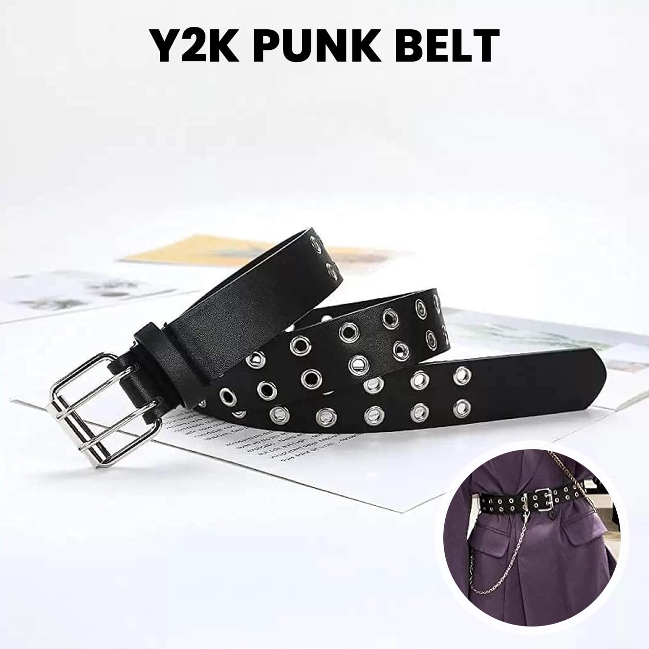 SANNIDHI Belt for Women featuring Dual Row Metal Eyelets and Chain in Black PU Leather
