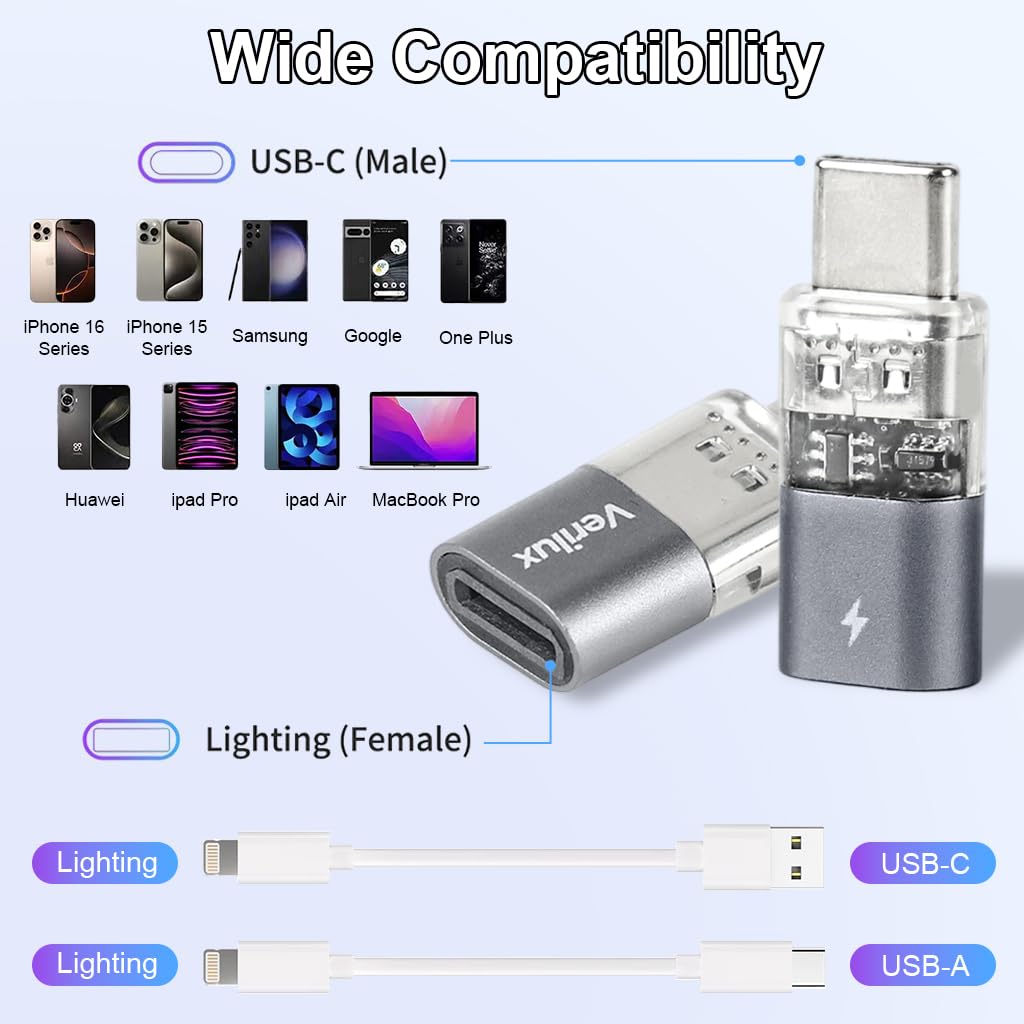 Verilux Type C to Lightning Connector for iPhone and iPad featuring 480Mbps data transfer | with lanyard holes