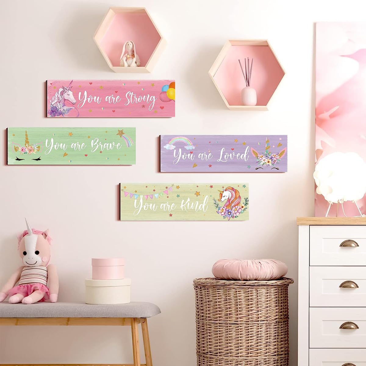 HASTHIP Unicorn Rainbow Wall Decor for Girls Room with Triangular Hooks and 11.8×3.9 in Wooden Signs | Set of 4 Inspirational Bedroom Decorations