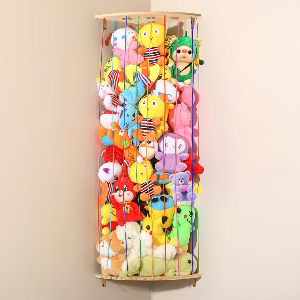 SNOWIE SOFT Wall Corner Organizer for Stuffed Toys featuring Elastic Rope Storage 44–77 in with Wooden Base and Roof | Space‑Saving Display for Kids Room