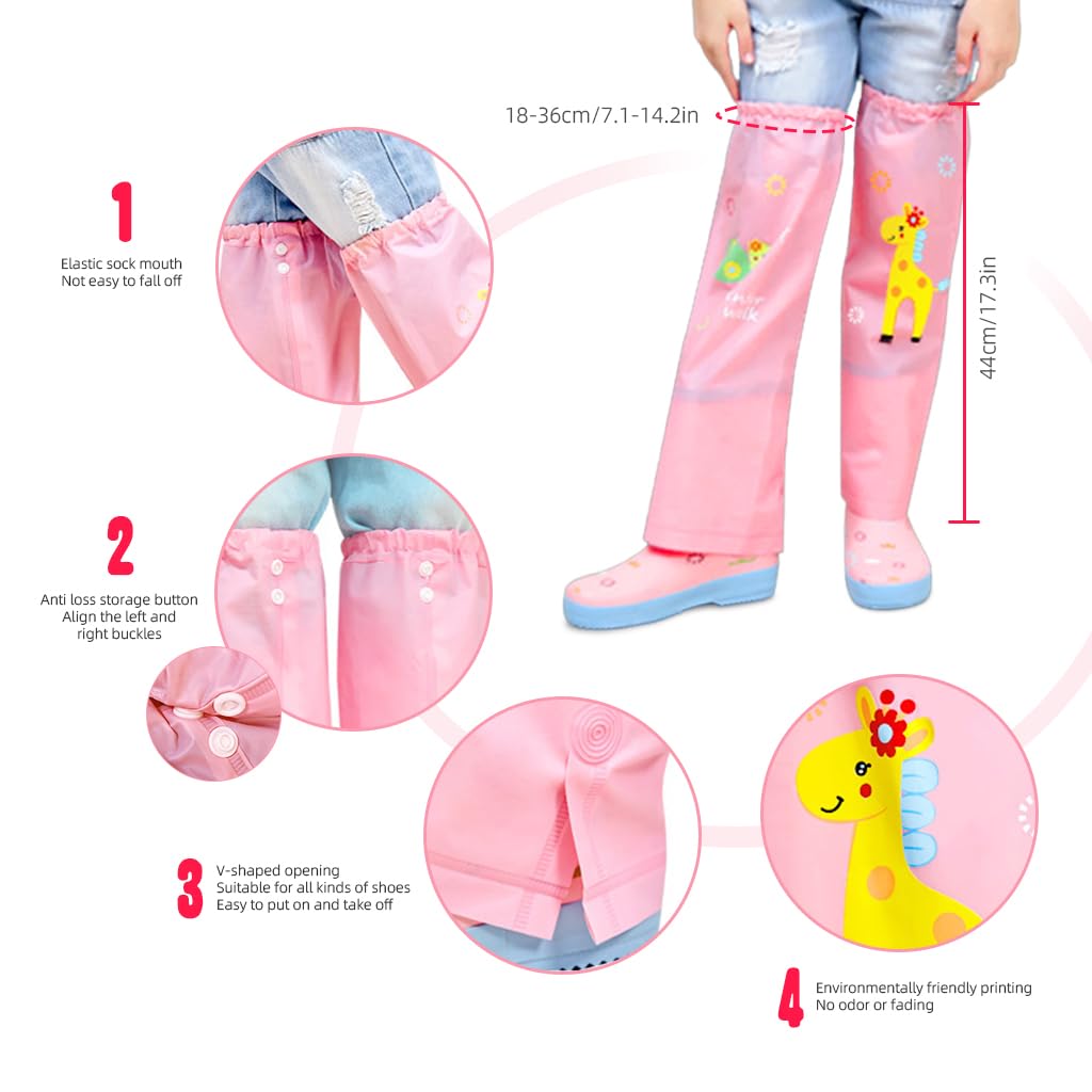 PALAY Rainboot Cover for Girls with Elastic Closure featuring 17.3 in EVA Waterproof Gaiters | Cartoon Print Pink