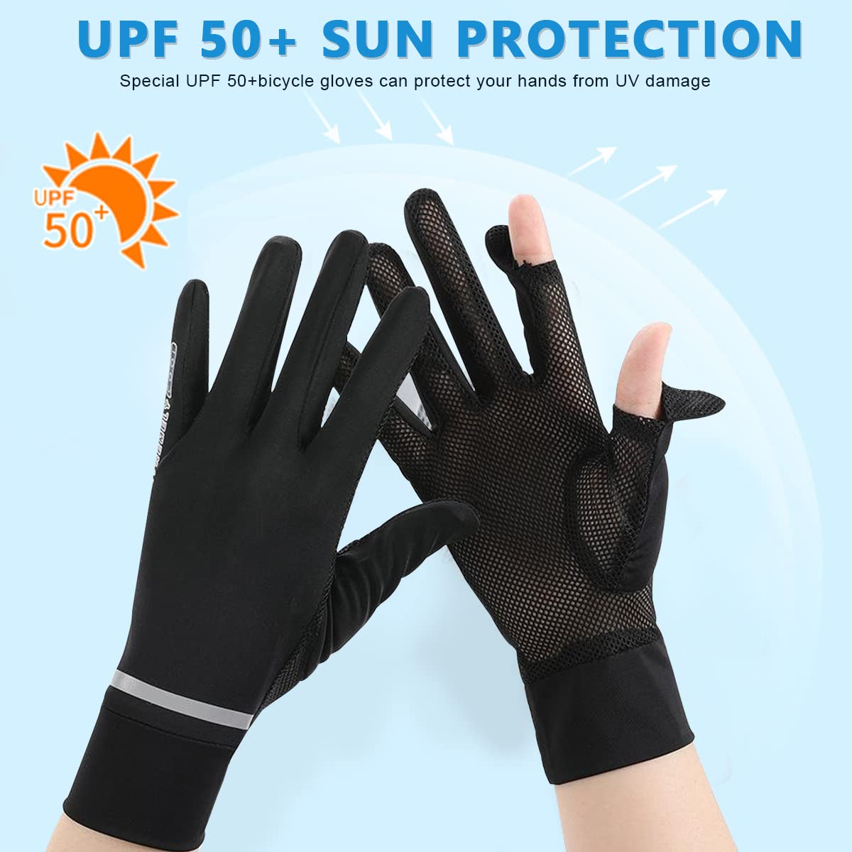 PALAY® Hand Gloves for Women Sun Protection Summer Cooling Black Bike Gloves for Cycling Fishing, Non-Slip Touch Screen Mesh Breathable Full Finger Gloves, UPF 50+