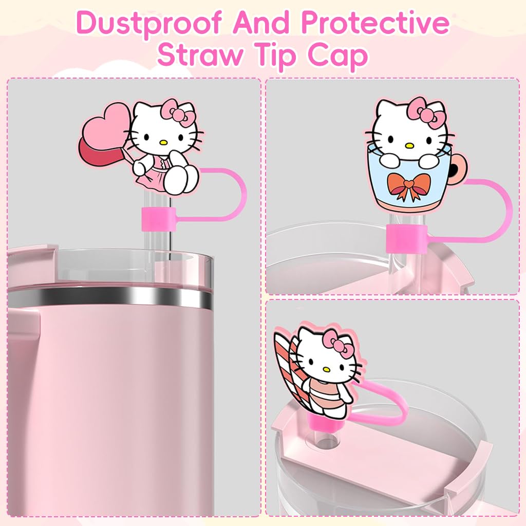 HASTHIP® 6PCS Cartoon Straw Covers Cap for Tumblers Cup, 10mm Cartoon Pink Hello Kitty Straw Topper, Reusable Dust-Proof Drinking Straw Toppers for 10mm Straws