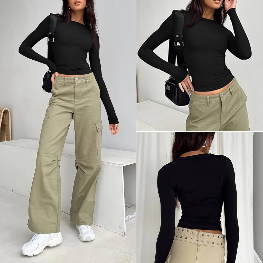 PALAY Women Basic Top for All Season Layering with Stretch Fit Crew Neck | 88% Polyester 12% Spandex Slim Crop Shirt Size M
