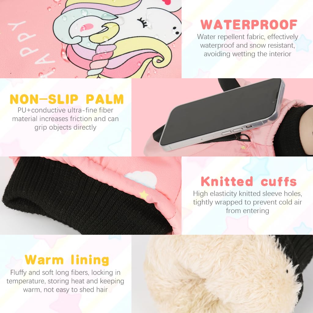 PATPAT Kids Winter Gloves for Girls 7–14 with Touch Screen Fingers and Windproof Fleece | Cartoon Unicorn Print Warm Ski and Bike Use