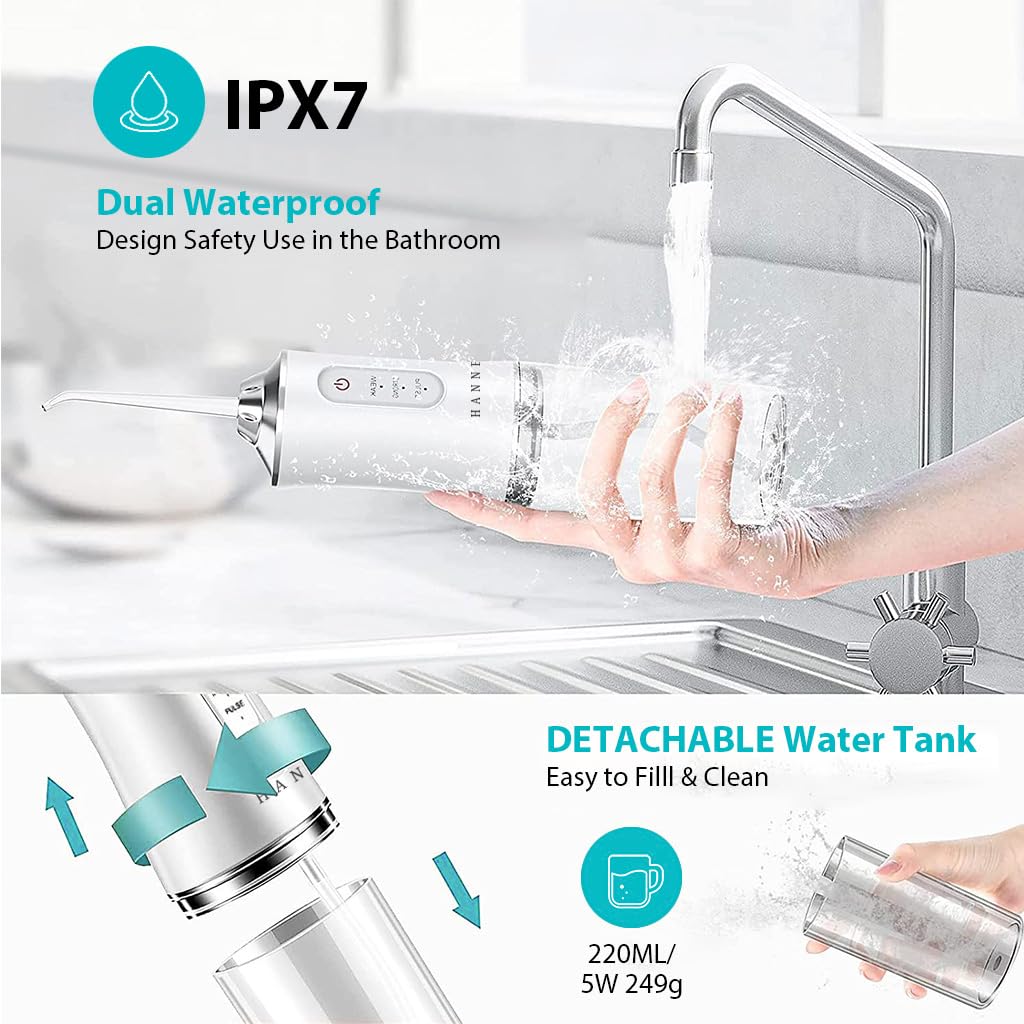 HANNEA Water Dental Flosser for Teeth Cleaning with 3 Modes 4 Jets and 220ml Tank | IPX7 Waterproof Rechargeable Oral Irrigator
