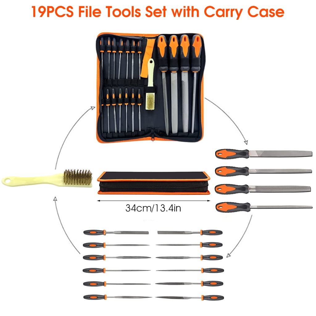 HASTHIP® 19Pcs File Tools Set with Portable Bag, Premium Grade T12 Drop Forged Alloy Steel File Tools, 4Pcs Precision Large File and 12Pcs Needle Files & 1 brush for Metal Crafts Tool