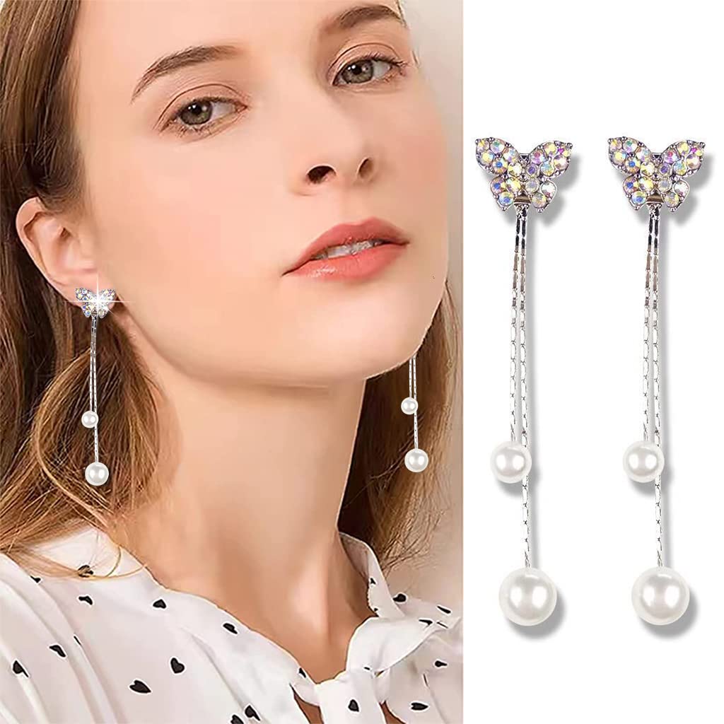 SANNIDHI Silver Earrings with Butterfly Tassel and Rhinestone Pearls for Women and Girls