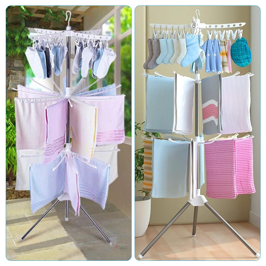 HASTHIP Cloth Stand for Drying Clothes with 3 Tier Foldable Rack and 24 Clips | White 68.5x68.5x170 cm