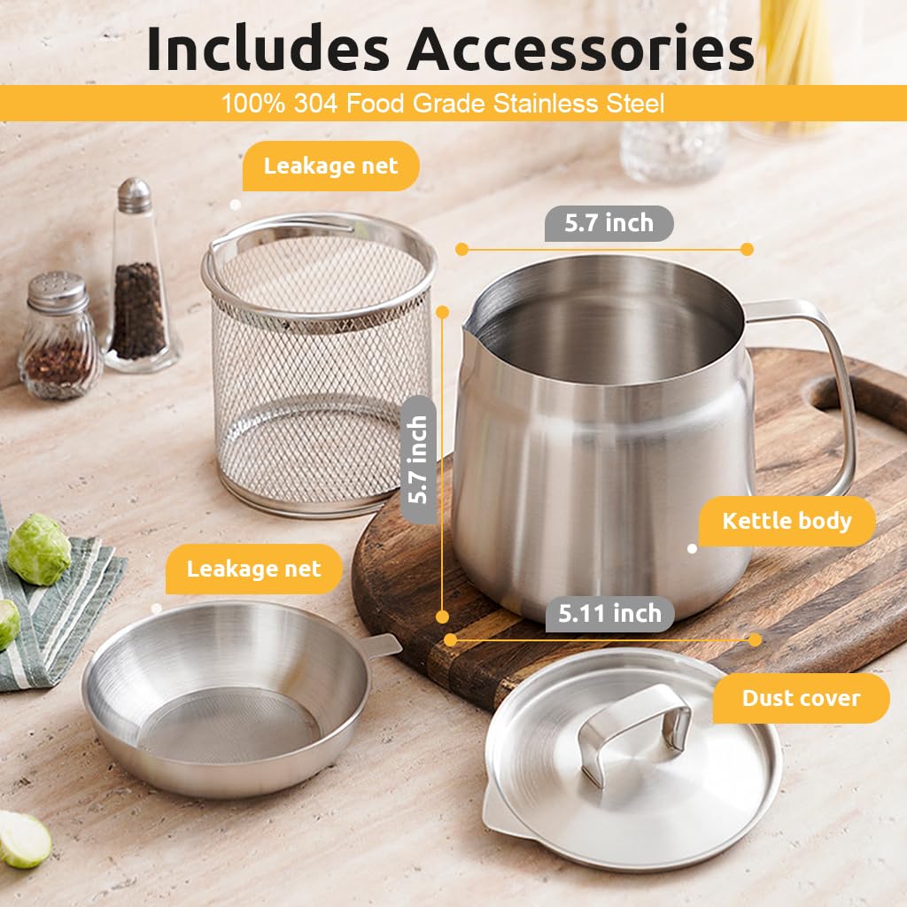 Supvox Stainless Steel Oil Container 1.5L for Kitchen Recycling with Oil Sieve and Fry Basket