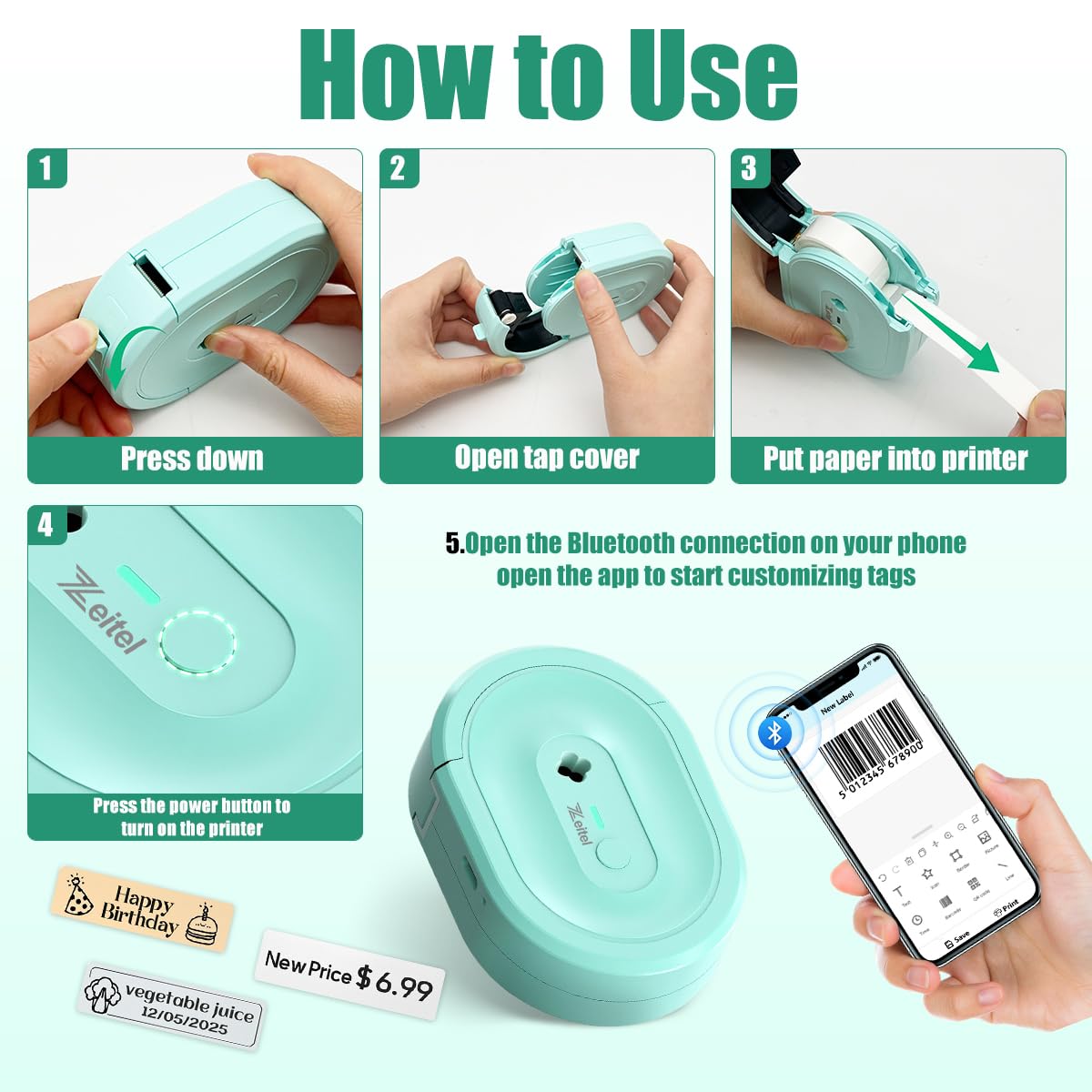 ZEITEL Portable Mini Label Printer for Home and Office with 203DPI Thermal Printing | Bluetooth Inkless Pocket Label Maker