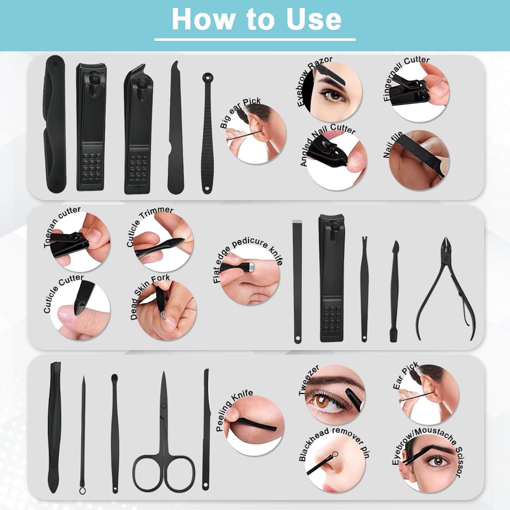ZIBUYU Nail Cutter Set for Manicure and Pedicure with 15 Tools featuring 304 Stainless Steel | Portable Grooming Kit for Men and Women