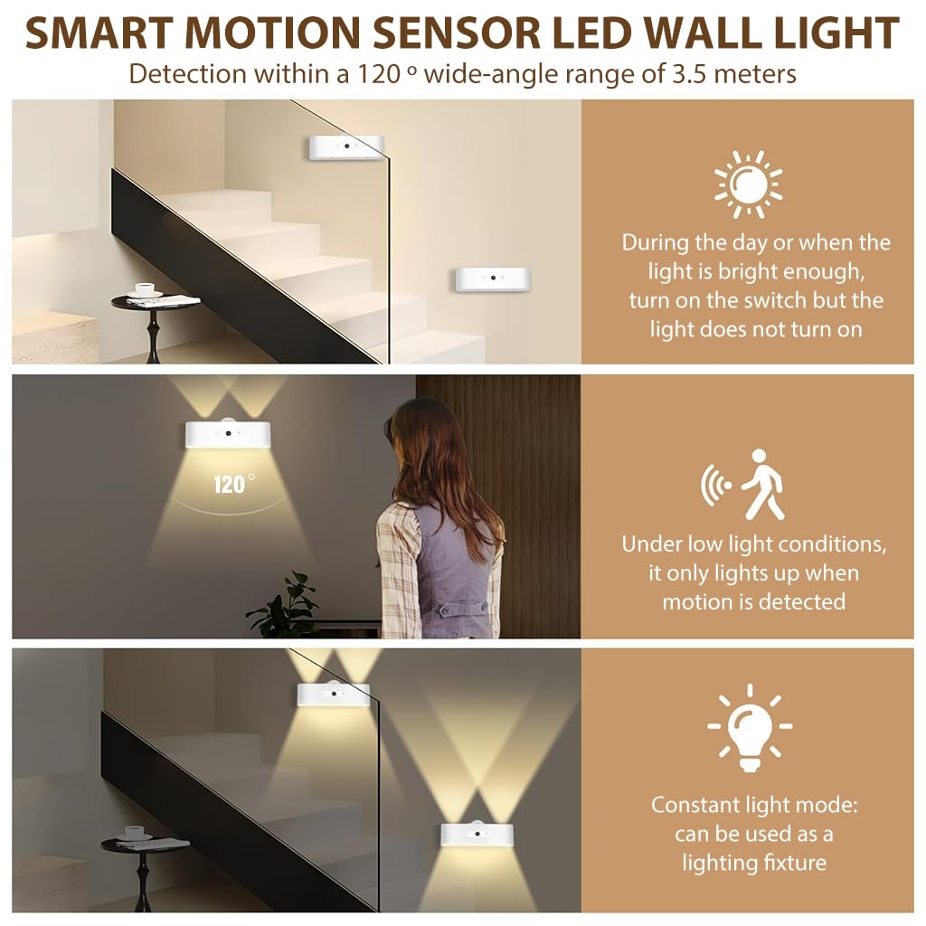 HASTHIP® USB LED Wall Light Smart Motion Sensor Light 3-Color LED Cordless Magnetic Modern Wall Light 2400mAh Rechargeable LED Wall Light for Bedroom, Corridor, Wardrobe