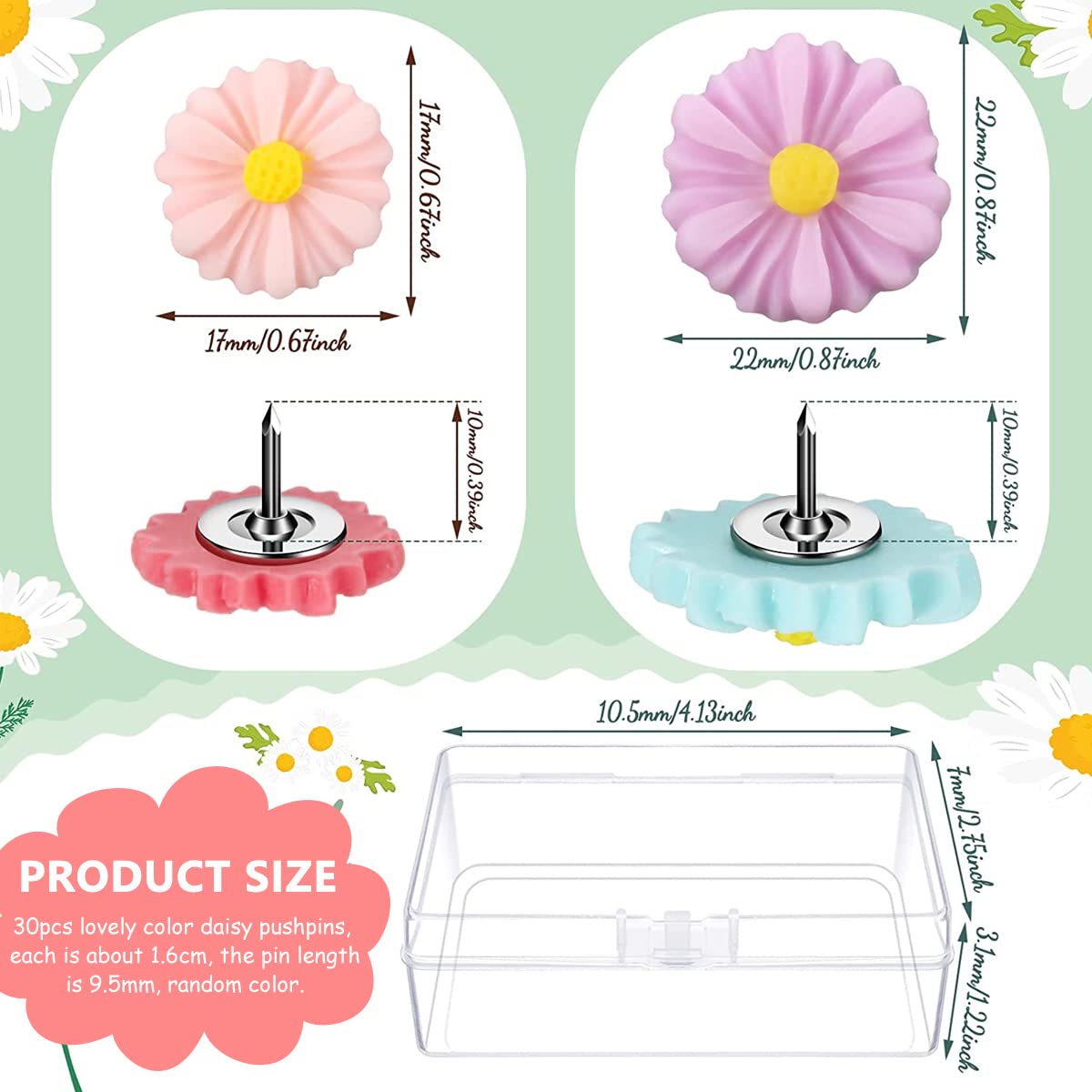 HASTHIP Decorative Push Pins for Bulletin Board with Resin Flower Design 30 pcs | Rose Thumb Tacks for Office and Home