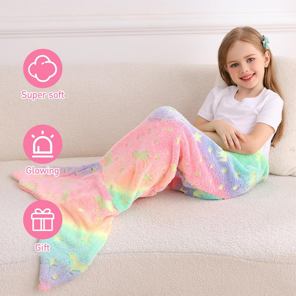 SNOWIE SOFT® Mermiad Tail Blanket For Kids, Flannel Cartoon Soft Blanket Glow In The Dark Kids Blanket Dreamy Travel Blanket Fish Tail Mermaid Blanket For Girls  -Birthday Gift For Girls Kids