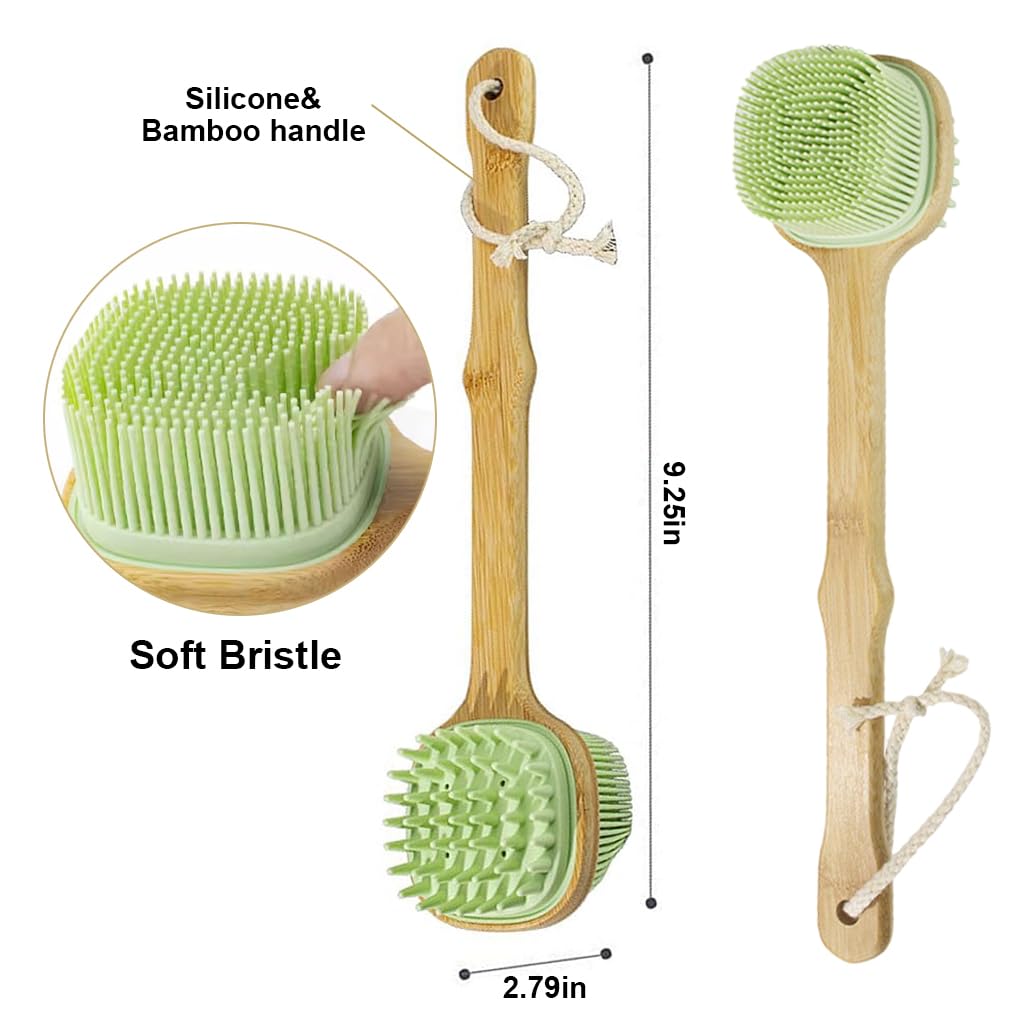 MAYCREATE Silicone Back Scrubber for Shower with Dual Sided Bristles and Wooden Handle | Green