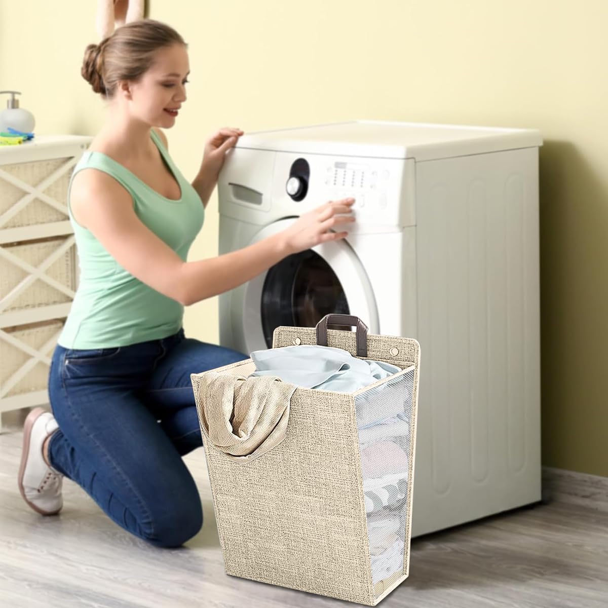 ZIBUYU Foldable Laundry Basket for Clothes with Lid 41x15x58cm featuring Mesh Ventilation and Linen Fabric Handle Design