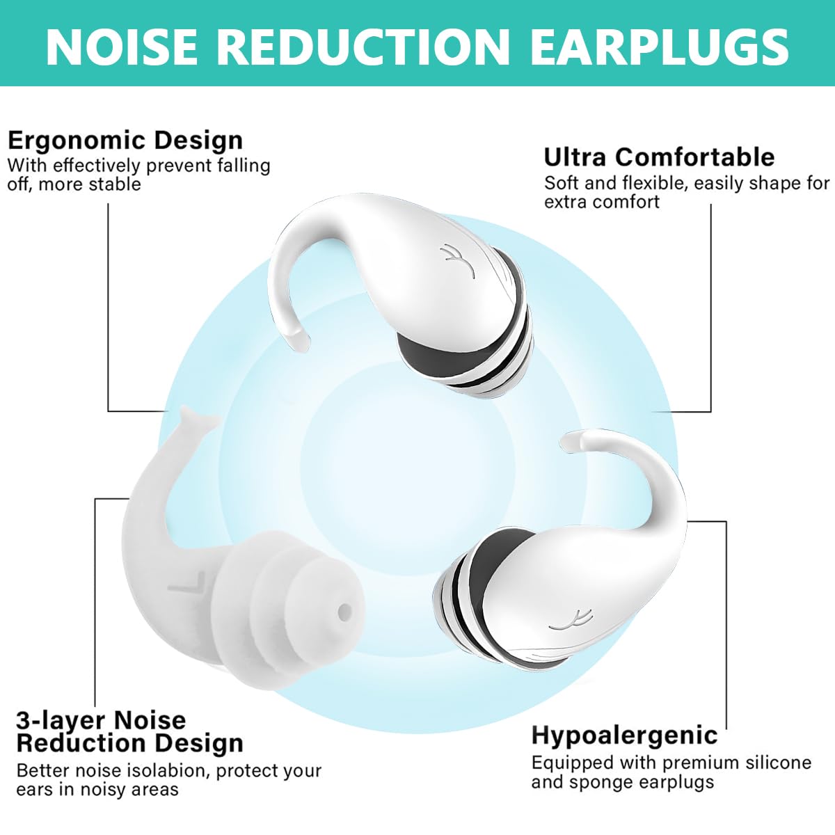 HANNEA® Ear Plugs for Sleeping, Reusable Silicone Earplugs for Hearing Protection, Noise Cancelling Ear Plugs for Sleeping, Concerts, Motorcycle, Work (White)