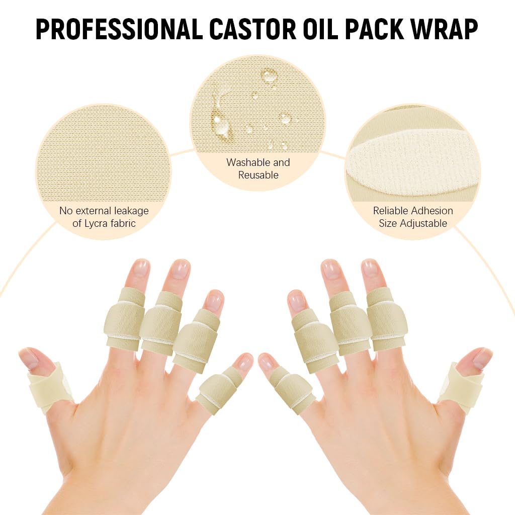 HANNEA Castor Oil Finger Wraps for Pain Relief with Adjustable Hook and Loop Design | 10Pcs Breathable Lycra Sleeves for Arthritis Support