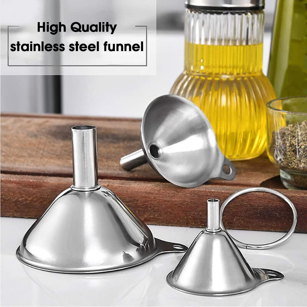 Supvox® 3Pcs Metal Stainless Steel Funnel, Large Small Funnel Set of 3 with 2 Clean Brushes, 0.47in/0.35in/0.24in Funnel Nozzle, Food Grade Mini Funnels for Kitchen