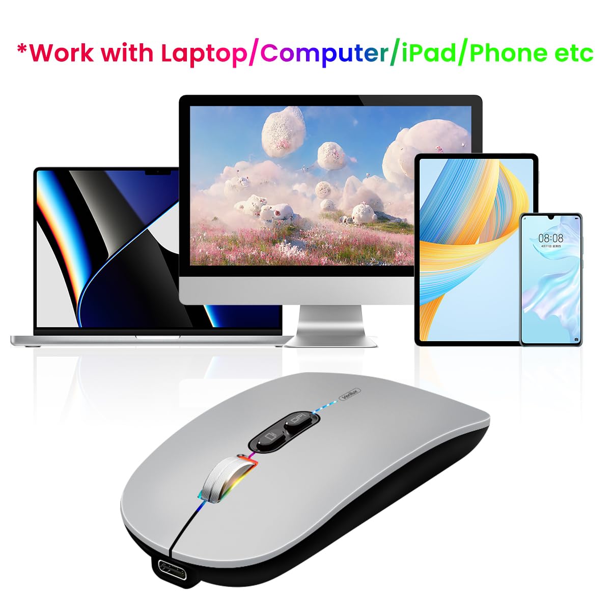 Verilux LED Wireless Mouse, Rechargeable Slim Silent Mouse 2.4G Portable Mobile Optical Office Mouse with USB Receiver, 3 Adjustable DPI for PC, Laptop, Computer, Desktop