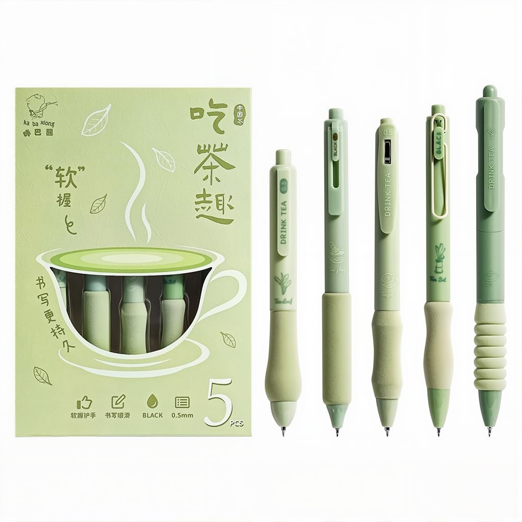 Zibuyu Click Pens for Students with Foam Grips and Quick Dry Ink | 5Pcs Green Set