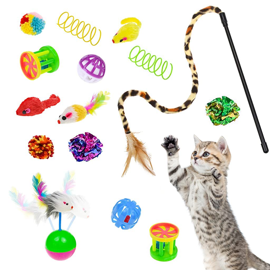 Qpets® 20 PCS Cat Toys for Kittens Set, Collapsible Cat Rainbow Tunnels for Indoor Cats, Family Set Cat Teaser Toy Cat Feather Toy Fluffy Mouse Crinkle Balls Toys for Cat Puppy Kitty